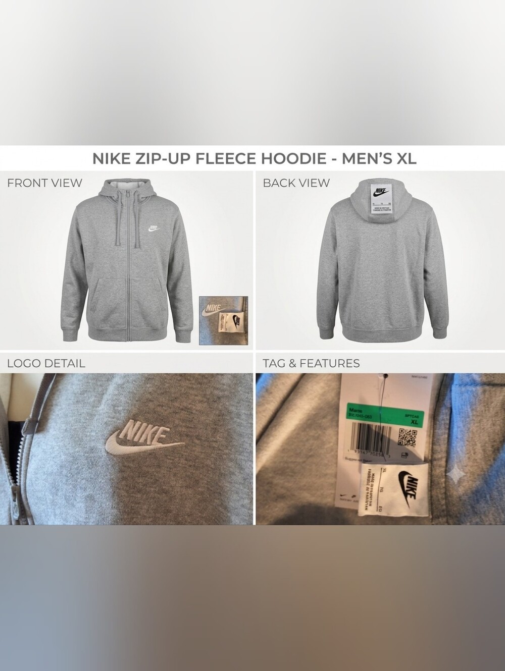 Nike Men’s Gray Zip-Up Fleece Hoodie